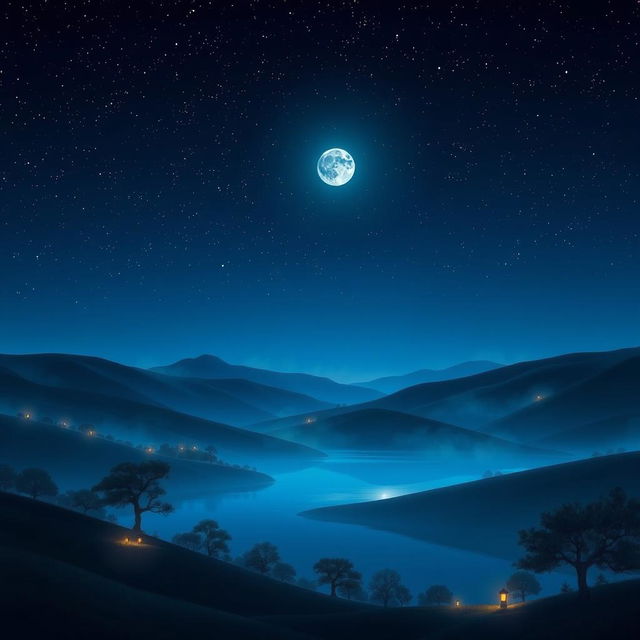 A serene landscape under a starry night sky, featuring rolling hills and a peaceful lake that reflects the moonlight