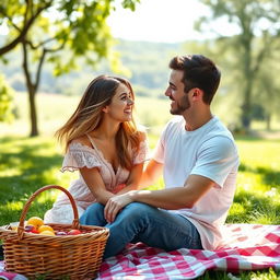 A romantic scene of a young couple enjoying a sunny day at the park, with the boyfriend and girlfriend smiling at each other, sitting closely on a picnic blanket surrounded by a picturesque green landscape