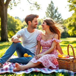 A romantic scene of a young couple enjoying a sunny day at the park, with the boyfriend and girlfriend smiling at each other, sitting closely on a picnic blanket surrounded by a picturesque green landscape