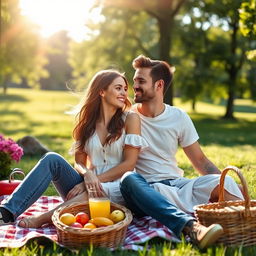 A romantic scene of a young couple enjoying a sunny day at the park, with the boyfriend and girlfriend smiling at each other, sitting closely on a picnic blanket surrounded by a picturesque green landscape