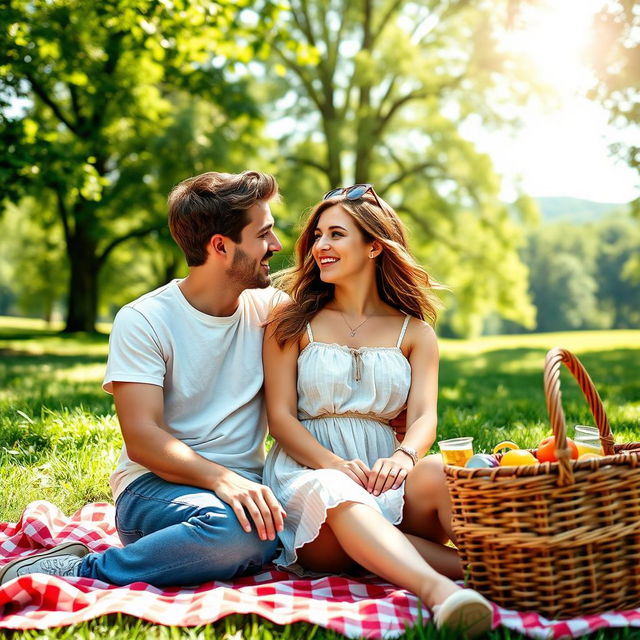 A romantic scene of a young couple enjoying a sunny day at the park, with the boyfriend and girlfriend smiling at each other, sitting closely on a picnic blanket surrounded by a picturesque green landscape