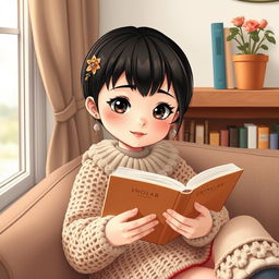 A friendly and kind girl with a round face, well-proportioned nose, medium lips, and average-sized eyes featuring black veins