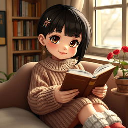 A friendly and kind girl with a round face, well-proportioned nose, medium lips, and average-sized eyes featuring black veins