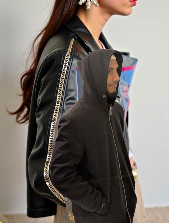 A stylish person wearing a black hooded jacket, standing confidently in a modern, sleek environment with polished glass and soft ambient lighting