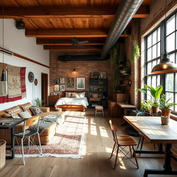 A beautifully designed 49 m² residential suite tailored for a young couple, showcasing a harmonious blend of boho, rustic, and industrial styles