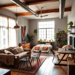 A beautifully designed 49 m² residential suite tailored for a young couple, showcasing a harmonious blend of boho, rustic, and industrial styles