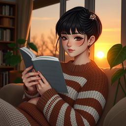 A kind and gentle 16-year-old girl with a round face, a proportionate nose, medium-sized lips, and medium-sized eyes featuring black veins