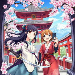 A vibrant and dynamic illustration showcasing two girls, Bianca and Haruka, embarking on a journey through a time machine to explore the rich heritage of Japan