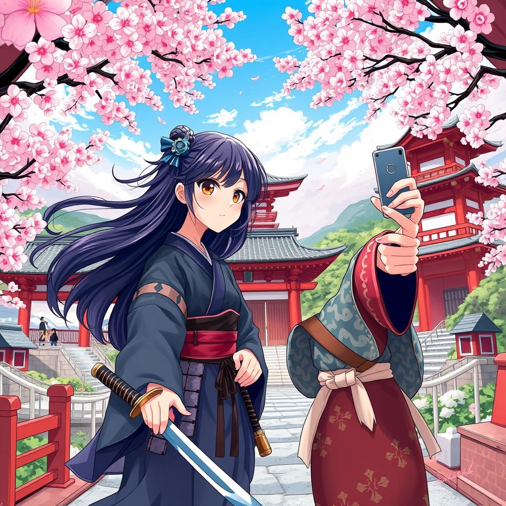 A vibrant and dynamic illustration showcasing two girls, Bianca and Haruka, embarking on a journey through a time machine to explore the rich heritage of Japan