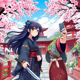 A vibrant and dynamic illustration showcasing two girls, Bianca and Haruka, embarking on a journey through a time machine to explore the rich heritage of Japan