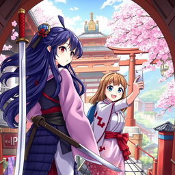 A vibrant and dynamic illustration showcasing two girls, Bianca and Haruka, embarking on a journey through a time machine to explore the rich heritage of Japan