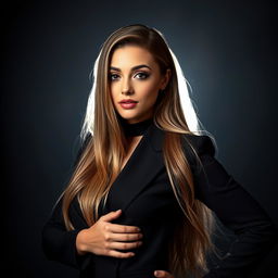 A glamorous portrait of a confident woman with long, flowing hair reminiscent of Ariana Grande, styled in a chic black ensemble