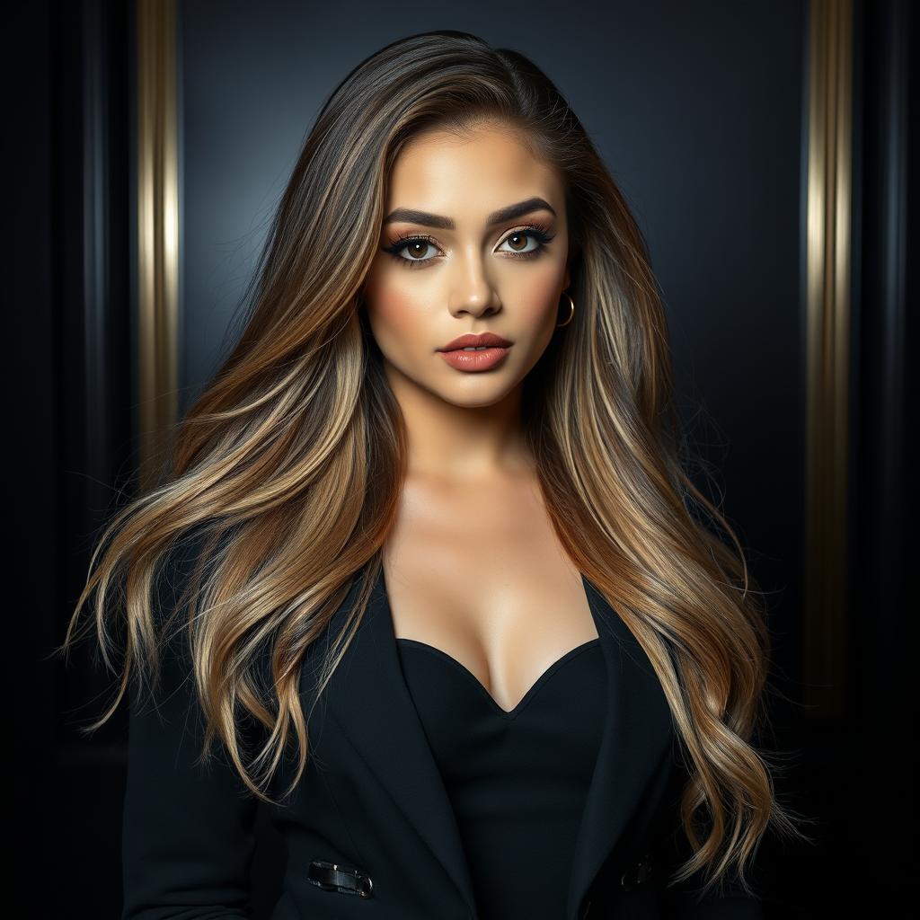 A glamorous portrait of a confident woman with long, flowing hair reminiscent of Ariana Grande, styled in a chic black ensemble