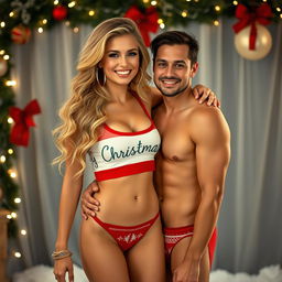 A cheerful Christmas-themed photo of a 29-year-old woman with long, big wavy blonde hair, wearing big hoop earrings and a cropped, low-cut tight Christmas tank top