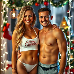 A cheerful Christmas-themed photo of a 29-year-old woman with long, big wavy blonde hair, wearing big hoop earrings and a cropped, low-cut tight Christmas tank top