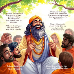 A vibrant illustration of the transformation of Ravidas Ji as a devotee and poet, embracing the path of devotion