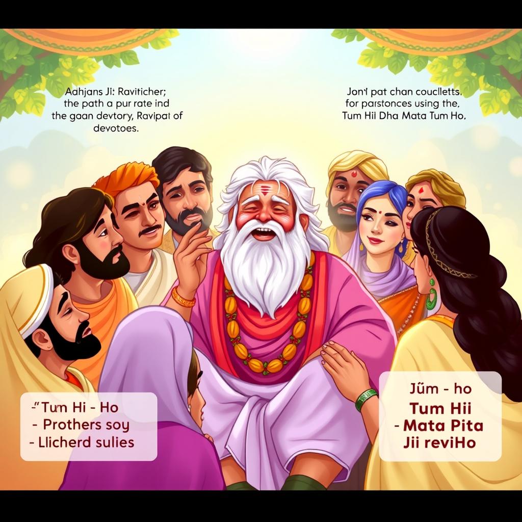 A vibrant illustration of the transformation of Ravidas Ji as a devotee and poet, embracing the path of devotion