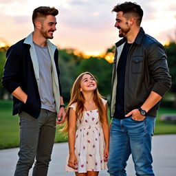 A romantic scene featuring two tall couples, one guy standing at 6'4" with an athletic build, wearing casual stylish clothes, and the other guy also standing at 6'4" with a charming smile, sporting a trendy outfit