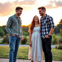 A romantic scene featuring two tall couples, one guy standing at 6'4" with an athletic build, wearing casual stylish clothes, and the other guy also standing at 6'4" with a charming smile, sporting a trendy outfit