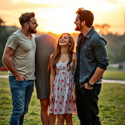 A romantic scene featuring two tall couples, one guy standing at 6'4" with an athletic build, wearing casual stylish clothes, and the other guy also standing at 6'4" with a charming smile, sporting a trendy outfit