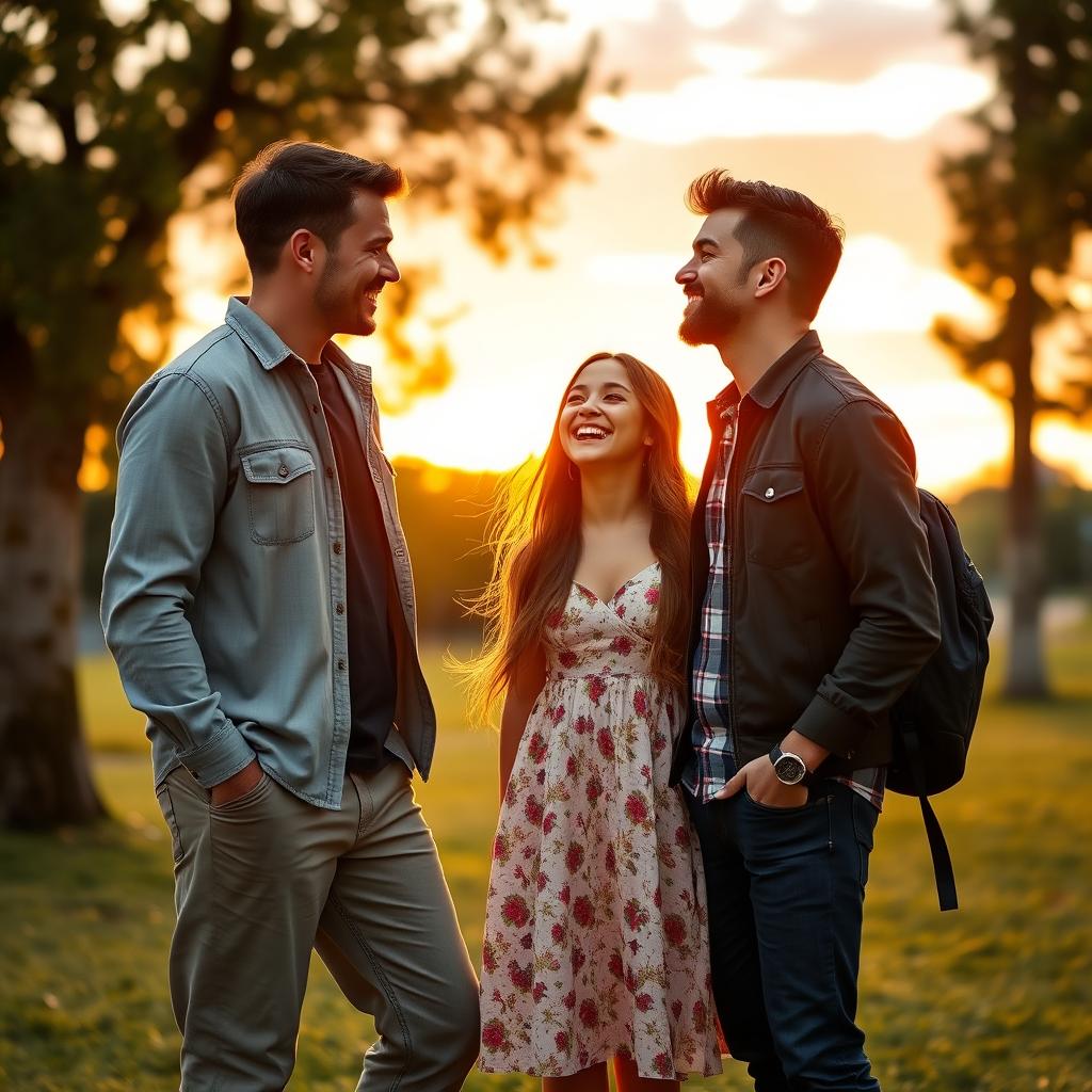 A romantic scene featuring two tall couples, one guy standing at 6'4" with an athletic build, wearing casual stylish clothes, and the other guy also standing at 6'4" with a charming smile, sporting a trendy outfit