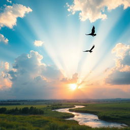 An abstract representation of freedom, featuring a vast open sky filled with fluffy white clouds and vibrant hues of blue and sunset colors, symbolizing boundless possibilities
