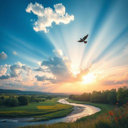 An abstract representation of freedom, featuring a vast open sky filled with fluffy white clouds and vibrant hues of blue and sunset colors, symbolizing boundless possibilities