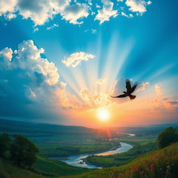 An abstract representation of freedom, featuring a vast open sky filled with fluffy white clouds and vibrant hues of blue and sunset colors, symbolizing boundless possibilities