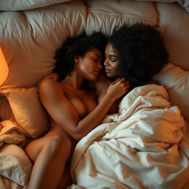 A candid and intimate scene depicting two women in a cozy, warmly lit bedroom, sharing a moment of deep connection and romance