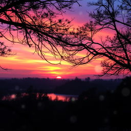 A visually captivating aesthetic edit featuring a serene landscape at sunset, with vibrant hues of orange, pink, and purple blending across the sky