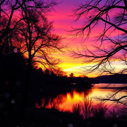 A visually captivating aesthetic edit featuring a serene landscape at sunset, with vibrant hues of orange, pink, and purple blending across the sky