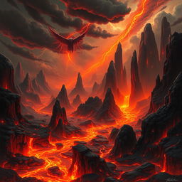 A stunning, surreal depiction of a fiery underworld, filled with glowing lava flows and towering rock formations