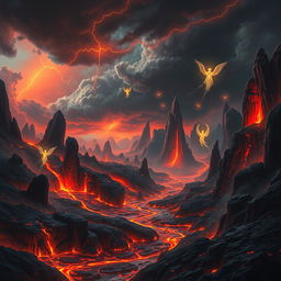 A stunning, surreal depiction of a fiery underworld, filled with glowing lava flows and towering rock formations