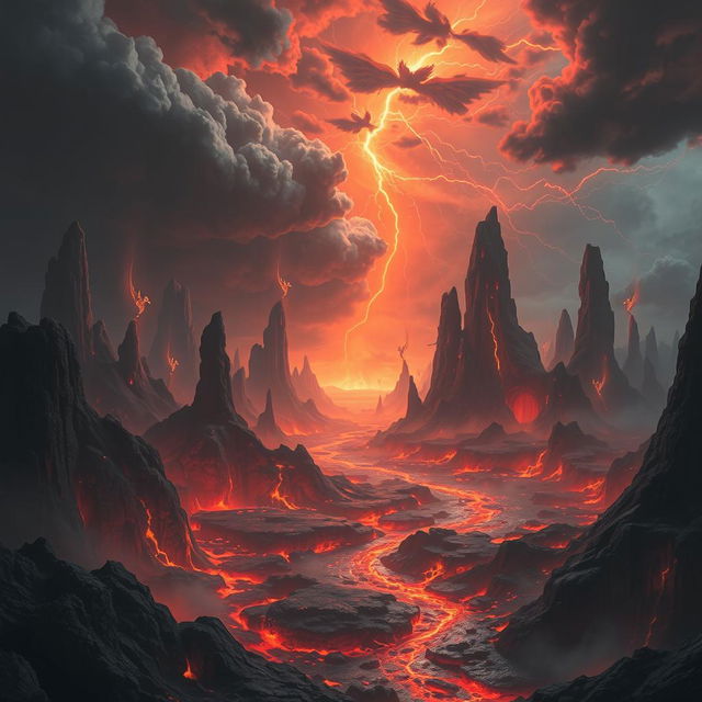 A stunning, surreal depiction of a fiery underworld, filled with glowing lava flows and towering rock formations