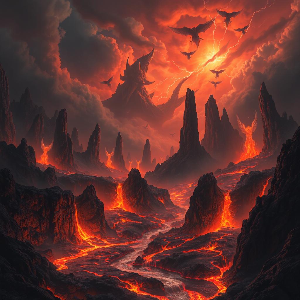 A stunning, surreal depiction of a fiery underworld, filled with glowing lava flows and towering rock formations