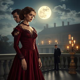 A young woman in a luxurious burgundy Victorian dress adorned with lace details, embodying a refined period style, stands on an elegant terrace illuminated by moonlight
