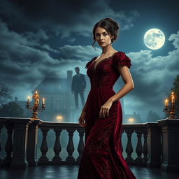 A young woman in a luxurious burgundy Victorian dress adorned with lace details, embodying a refined period style, stands on an elegant terrace illuminated by moonlight