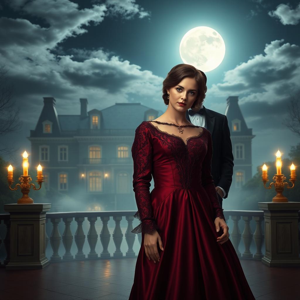 A young woman in a luxurious burgundy Victorian dress adorned with lace details, embodying a refined period style, stands on an elegant terrace illuminated by moonlight
