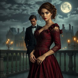A young woman in a luxurious burgundy Victorian dress adorned with lace details, embodying a refined period style, stands on an elegant terrace illuminated by moonlight