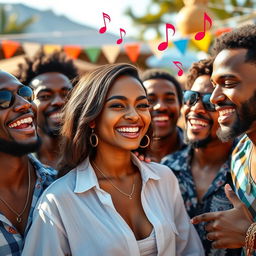 A gorgeous, confident brunette woman joyfully surrounded by a diverse group of stylish black men, all laughing and enjoying a lively outdoor party atmosphere