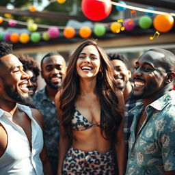 A gorgeous, confident brunette woman joyfully surrounded by a diverse group of stylish black men, all laughing and enjoying a lively outdoor party atmosphere