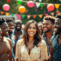A gorgeous, confident brunette woman joyfully surrounded by a diverse group of stylish black men, all laughing and enjoying a lively outdoor party atmosphere