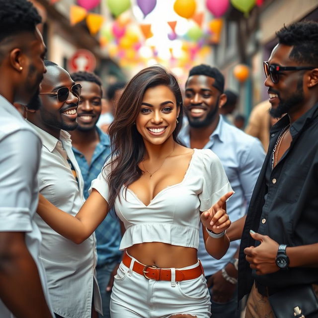 An attractive brunette woman playfully interacting with a group of stylish black men, embodying a fun and flirty atmosphere