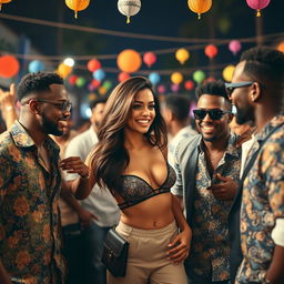 An attractive brunette woman playfully interacting with a group of stylish black men, embodying a fun and flirty atmosphere
