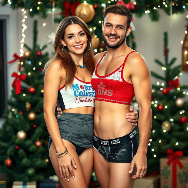 A playful Christmas photo featuring a 25-year-old woman with long light brown hair, wearing big hoop earrings and a cropped, low-cut, tight Christmas tank top