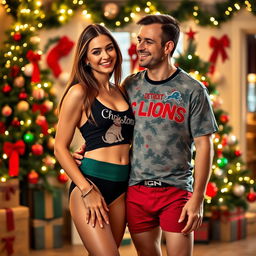 A playful Christmas photo featuring a 25-year-old woman with long light brown hair, wearing big hoop earrings and a cropped, low-cut, tight Christmas tank top