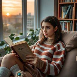 A beautiful and kind 16-year-old Iranian girl with a round face, non-prominent nose, slightly doll-like features, medium lips, and medium-sized eyes with black veins