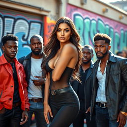 A stunning, attractive brunette woman posing confidently in a vibrant urban setting, surrounded by several handsome black men, all exuding charisma and style