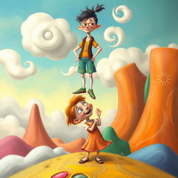 A whimsical, surreal art piece depicting a playful relationship between two characters