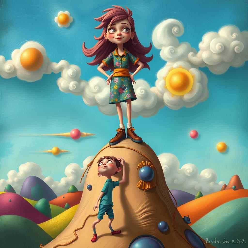 A whimsical, surreal art piece depicting a playful relationship between two characters